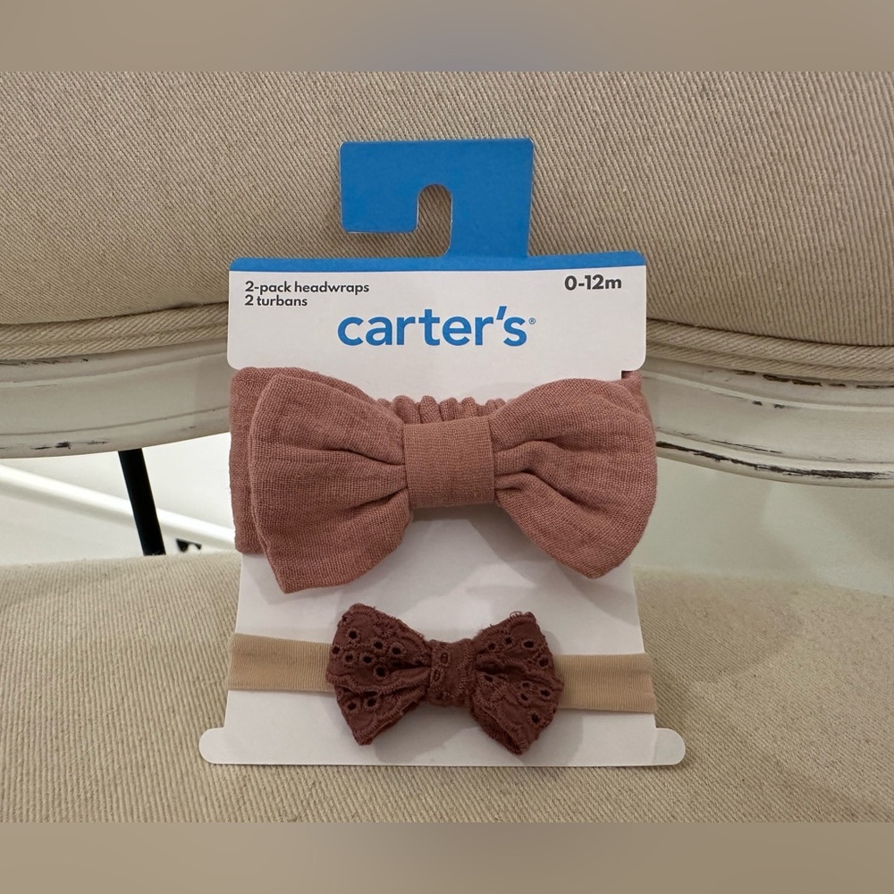🦢 0~12 Mth Carter's Pink and Mauve Baby Headwrap Hair Bow Accessories Set NWT